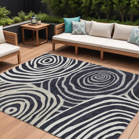 8' X 10' Black Charcoal And Gray Abstract Washable Indoor Outdoor Area Rug