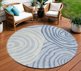8' Sky Blue Denim Blue And Ivory Round Abstract Washable Indoor Outdoor Area Rug
