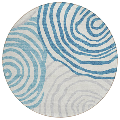 8' Teal Blue Ivory And Silver Round Abstract Washable Indoor Outdoor Area Rug