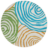 8' White Orange And Teal Blue Round Abstract Washable Indoor Outdoor Area Rug