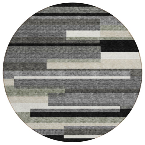 8' Black Charcoal And Gray Round Striped Washable Indoor Outdoor Area Rug