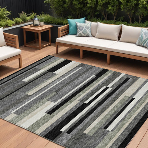 8' X 10' Black Charcoal And Gray Striped Washable Indoor Outdoor Area Rug