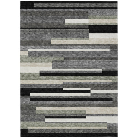 8' X 10' Black Charcoal And Gray Striped Washable Indoor Outdoor Area Rug