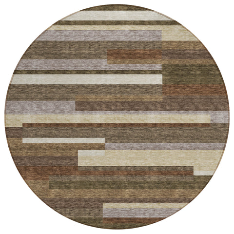8' Brown Beige And Copper Round Striped Washable Indoor Outdoor Area Rug