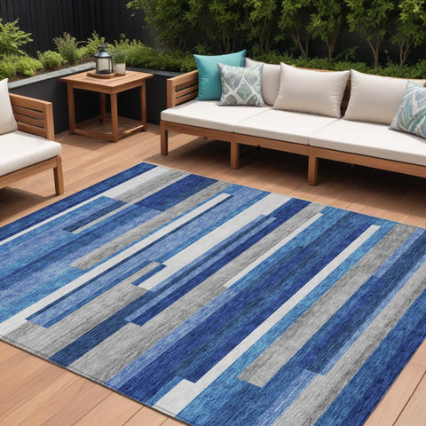 8' X 10' Navy Blue And Denim Blue Striped Washable Indoor Outdoor Area Rug