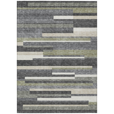 5' X 8' Charcoal Gray And Silver Striped Washable Indoor Outdoor Area Rug