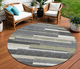 8' Charcoal Gray And Silver Round Striped Washable Indoor Outdoor Area Rug