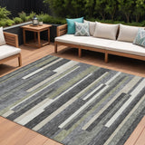 8' X 10' Charcoal Gray And Silver Striped Washable Indoor Outdoor Area Rug