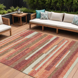 8' X 10' Coral Peach And Taupe Striped Washable Indoor Outdoor Area Rug