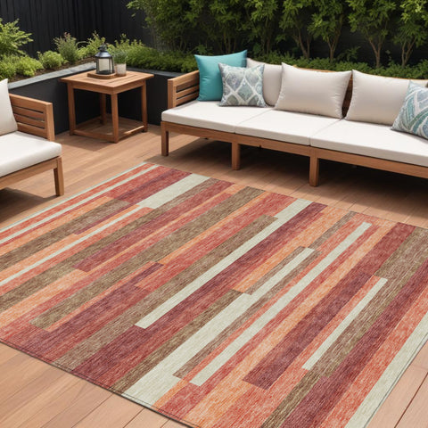 8' X 10' Coral Peach And Taupe Striped Washable Indoor Outdoor Area Rug