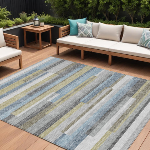 8' X 10' Gray Denim Blue And Sky Blue Striped Washable Indoor Outdoor Area Rug
