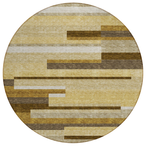 8' Khaki Taupe And Gold Round Striped Washable Indoor Outdoor Area Rug