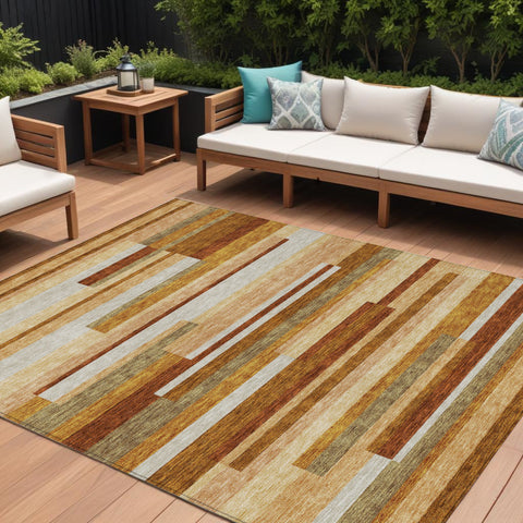 8' X 10' Orange Copper And Taupe Striped Washable Indoor Outdoor Area Rug
