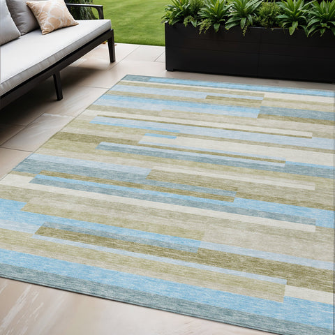 5' X 8' Sky Blue And Denim Blue Striped Washable Indoor Outdoor Area Rug
