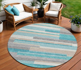 8' Teal Blue Gray And Beige Round Striped Washable Indoor Outdoor Area Rug
