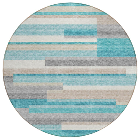 8' Teal Blue Gray And Beige Round Striped Washable Indoor Outdoor Area Rug