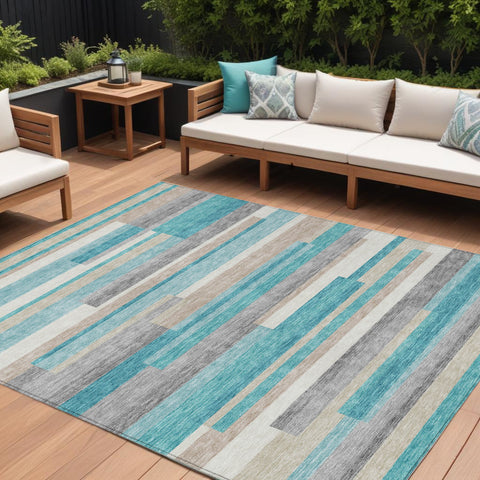 8' X 10' Teal Blue Gray And Beige Striped Washable Indoor Outdoor Area Rug