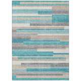8' X 10' Teal Blue Gray And Beige Striped Washable Indoor Outdoor Area Rug