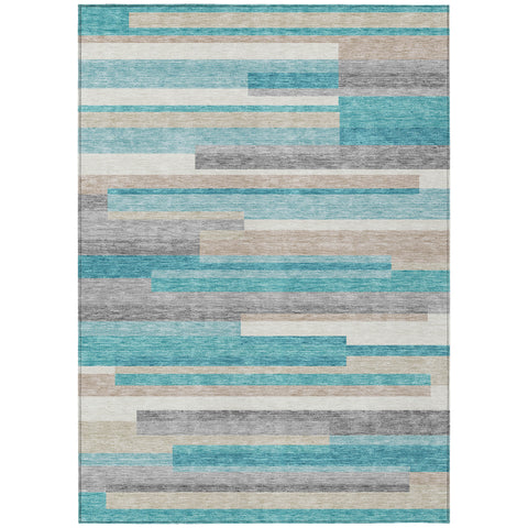 8' X 10' Teal Blue Gray And Beige Striped Washable Indoor Outdoor Area Rug