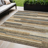 5' X 8' Taupe Beige And Charcoal Striped Washable Indoor Outdoor Area Rug