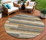8' Taupe Beige And Charcoal Round Striped Washable Indoor Outdoor Area Rug