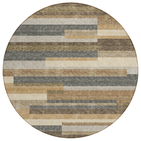 8' Taupe Beige And Charcoal Round Striped Washable Indoor Outdoor Area Rug