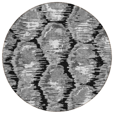 8' Black Charcoal And Silver Round Abstract Washable Indoor Outdoor Area Rug