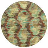 8' Brown Gold And Teal Blue Round Abstract Washable Indoor Outdoor Area Rug