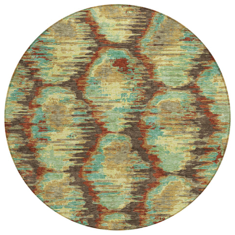 8' Brown Gold And Teal Blue Round Abstract Washable Indoor Outdoor Area Rug