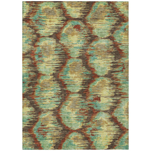 8' X 10' Brown Gold And Teal Blue Abstract Washable Indoor Outdoor Area Rug