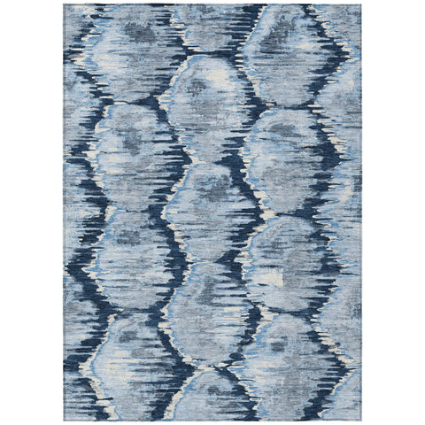 5' X 8' Navy Blue Sky Blue And Ivory Abstract Washable Indoor Outdoor Area Rug