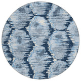 8' Navy Blue Sky Blue And Ivory Round Abstract Washable Indoor Outdoor Area Rug