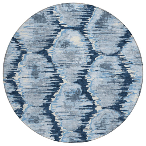 8' Navy Blue Sky Blue And Ivory Round Abstract Washable Indoor Outdoor Area Rug