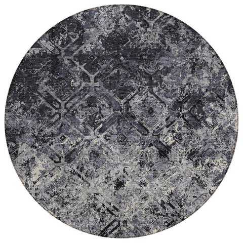 8' Black Gray And Silver Round Geometric Washable Indoor Outdoor Area Rug