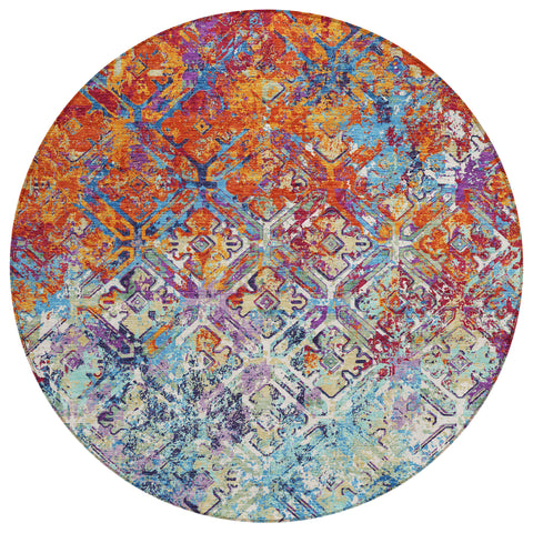 8' Copper Blue And Red Round Geometric Washable Indoor Outdoor Area Rug