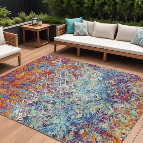 8' X 10' Copper Blue And Red Geometric Washable Indoor Outdoor Area Rug