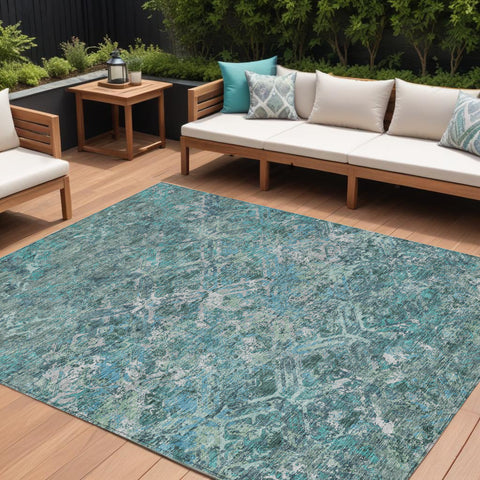 8' X 10' Sage Teal Blue And Gray Geometric Washable Indoor Outdoor Area Rug