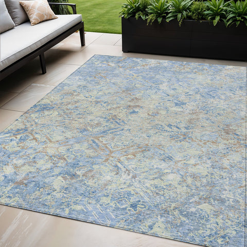 5' X 8' Sky Blue And Denim Blue Geometric Washable Indoor Outdoor Area Rug