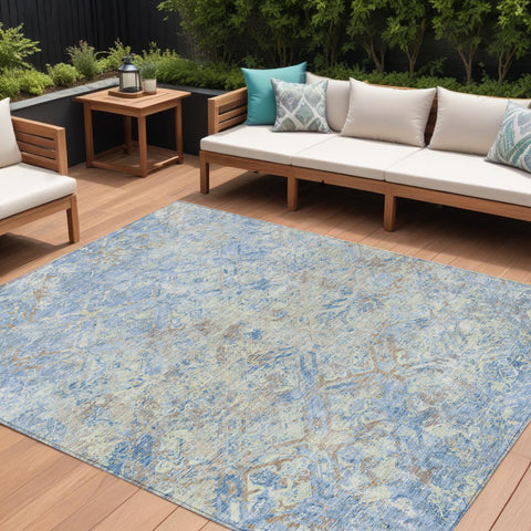 8' X 10' Sky Blue And Denim Blue Geometric Washable Indoor Outdoor Area Rug
