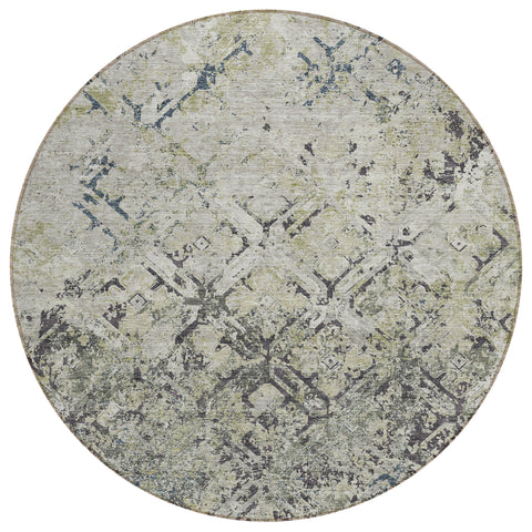 8' Silver Gray And Charcoal Round Geometric Washable Indoor Outdoor Area Rug