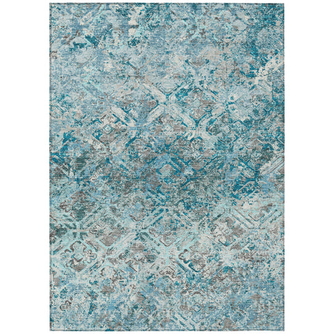5' X 8' Teal Blue Gray And Charcoal Geometric Washable Indoor Outdoor Area Rug