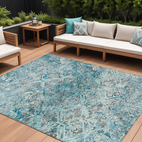 8' X 10' Teal Blue Gray And Charcoal Geometric Washable Indoor Outdoor Area Rug