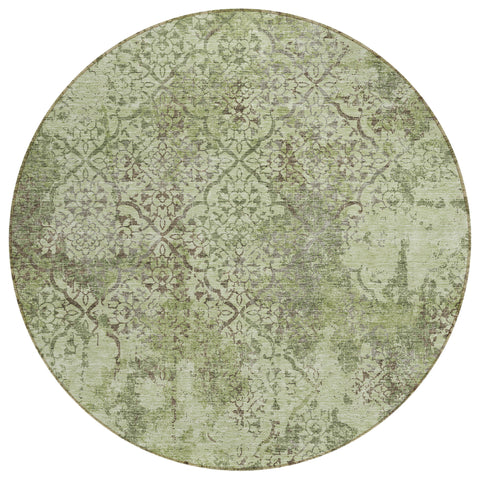 8' Artichoke Green And Fern Green Round Floral Washable Indoor Outdoor Area Rug