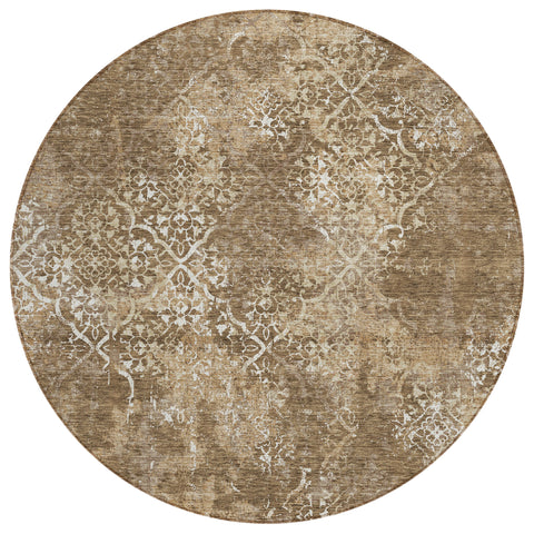 8' Brown Taupe And Ivory Round Floral Washable Indoor Outdoor Area Rug