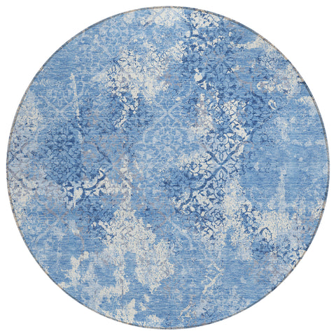 8' Denim Blue And Sky Blue Round Floral Washable Indoor Outdoor Area Rug