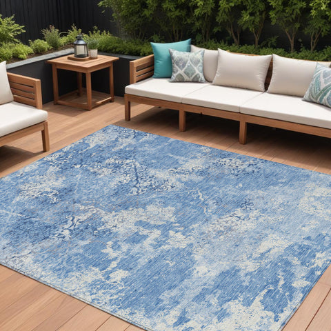 8' X 10' Denim Blue And Sky Blue Floral Washable Indoor Outdoor Area Rug