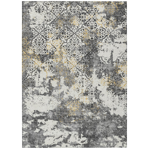 3' X 5' Charcoal Gray And Silver Floral Washable Indoor Outdoor Area Rug