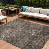 8' X 10' Brown And Ivory Floral Washable Indoor Outdoor Area Rug