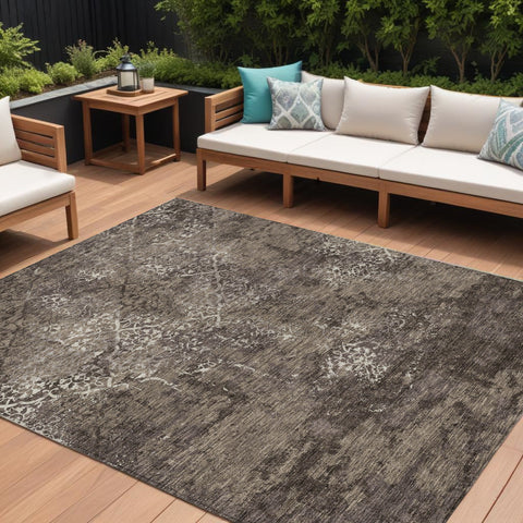 8' X 10' Brown And Ivory Floral Washable Indoor Outdoor Area Rug