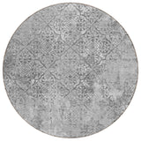 8' Gray Charcoal And Silver Round Floral Washable Indoor Outdoor Area Rug